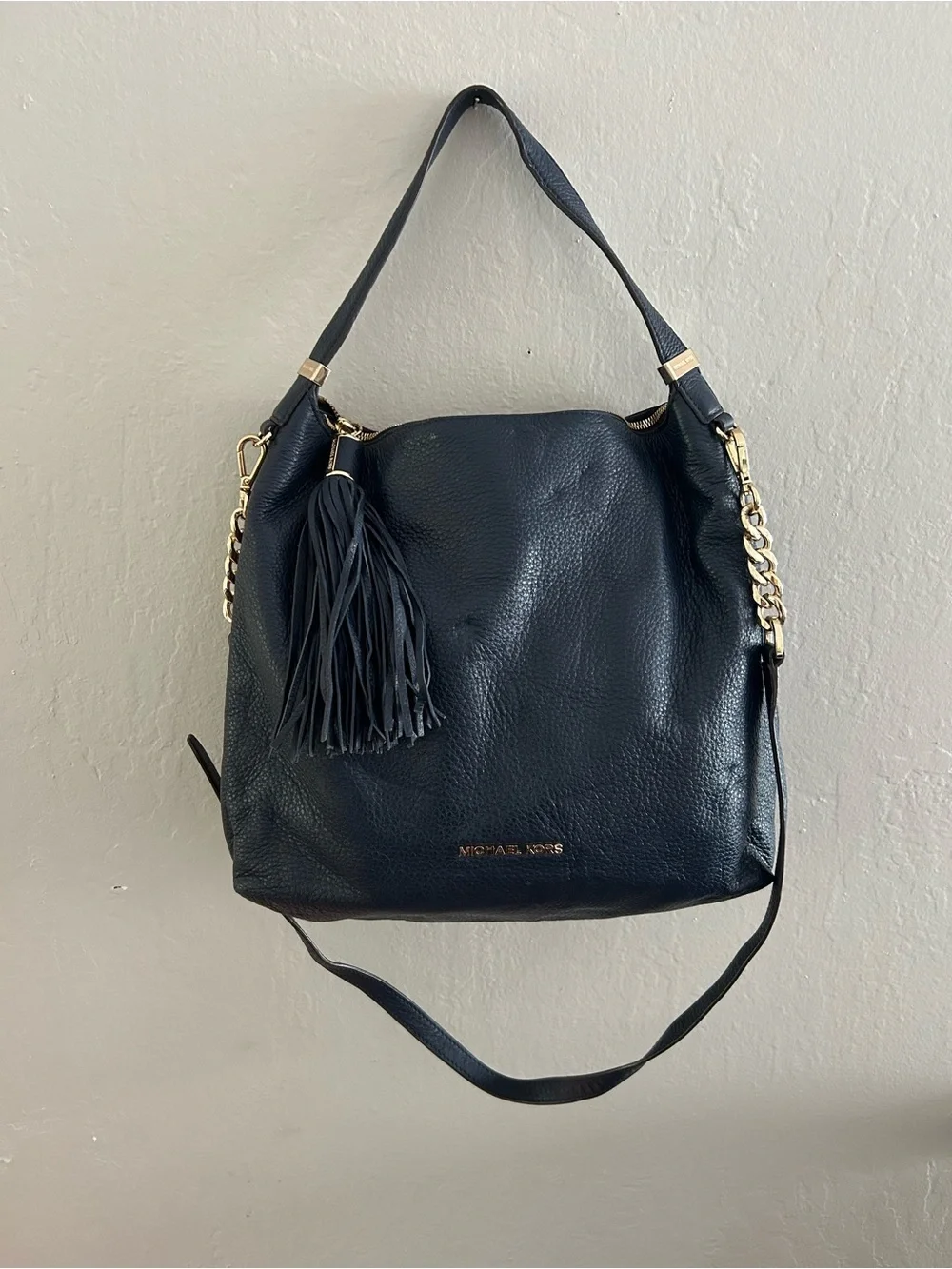 Michael Kors Navy Leather Tassel Shoulder Bag with Gold Hardware